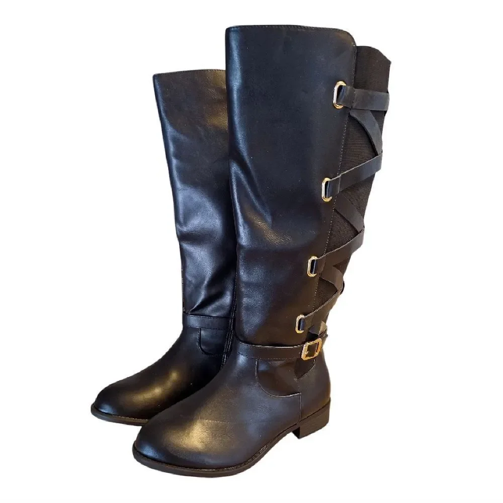Thalia Sodi Veronika Black Knee High Wide Calf Boots 7WIDE NWOT Back Lace Up
